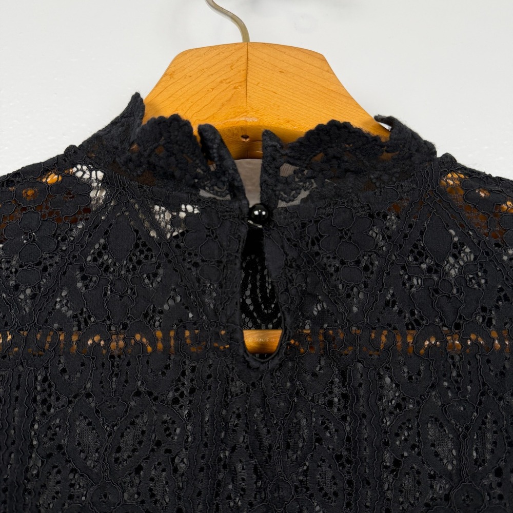 Adiva Womens L Black Lace Top Bell Sleeve High Neck Romantic Goth Blouse - Picture 7 of 14